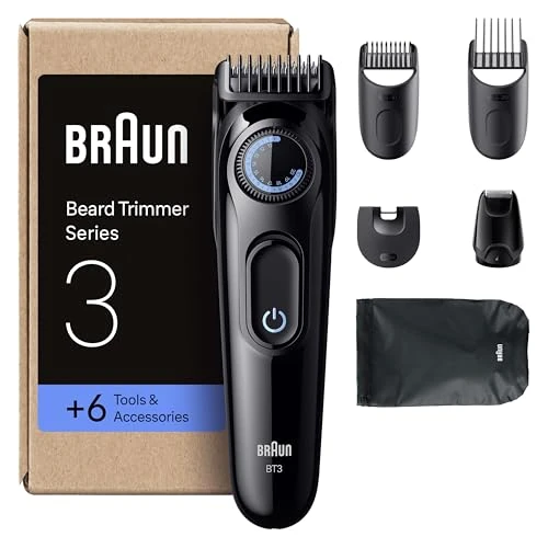 Braun Trymer do brody Series 3, elektryczny trymer do brody dla mężczyzn, 6 akcesoriów, ultraostre ostrze ProBlade, czas pracy baterii 50 min, bezprzewodowa golarka do brody, 40 długości, wodoszczelna