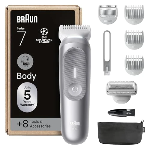 Braun Bodygroomer Series 7, + 8 akcesoriów, z technologią Smartlight i SkinGuard, akumulator 100 min, delikatny w wrażliwych miejscach, przycinanie i golenie z nasadką SensitiveTrim, wodoszczelny