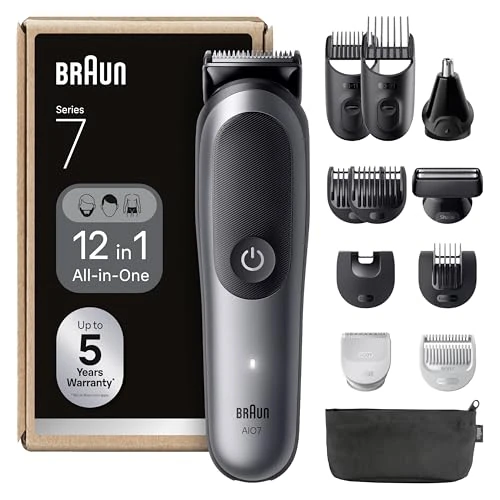 Braun Recortadora Todo En Uno Series 7 AIO7545, Kit De Styling 12en1 Para Barba, Pelo, Orejas, Nariz y Cuerpo, 14 Longitudes, 120 Min De Autonomía, Gris, El embalaje puede variar