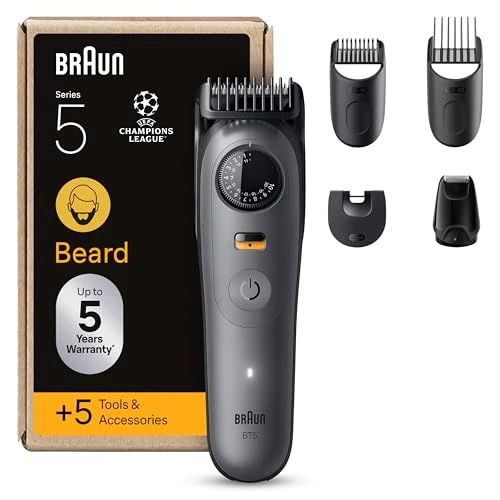Braun Trymer do brody dla mężczyzn Series 5, elektryczna maszynka do brody Braun, + 5 narzędzi do stylizacji, ultra ostre ostrze, 120 min autonomii, wodoodporny, precyzyjny wybór z 40 długościami i