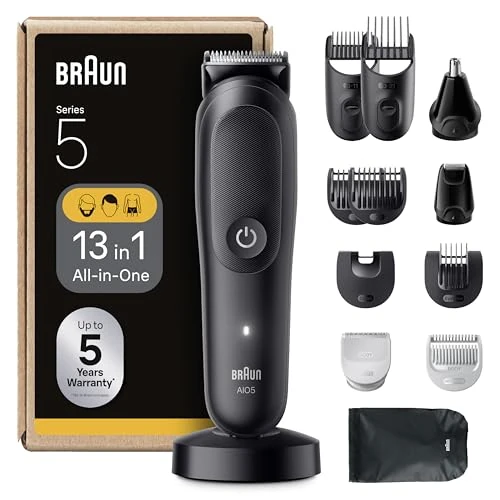 Offerta a tempo: Braun Rifinitore All-in-One Series 5, Rasoio Elettrico Barba E Capelli 13In1, Taglia Peli Naso E Orecchie, Macchinetta Per Capelli, Lama ProBlade, Tecnologia AutoSense, Wet&Dry, AIO5565, Nero - 44% da 89.99 € a 49.99 €