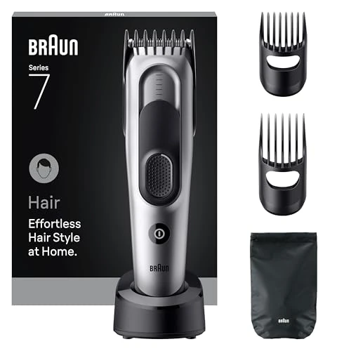 Braun Tagliacapelli Uomo Series 7, +5 Strumenti Di Styling, Lama Affilata di Lunga Durata, 17 Lunghezze, Blocco Memoria, Autonomia 50 Min, Lavabile, HC7590, Grigio