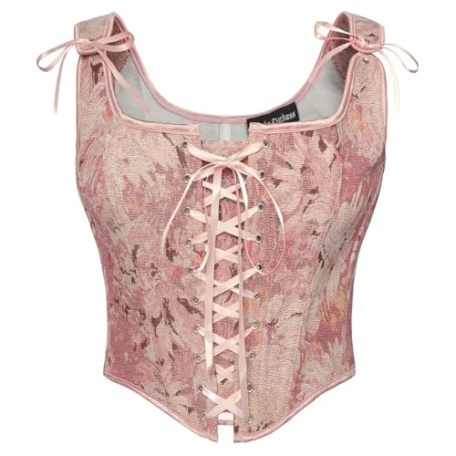 SCARLET DARKNESS Damski gorset renesansowy top vintage nadruk kwiatowy gorset kamizelka, różowy, kwiaty, 46