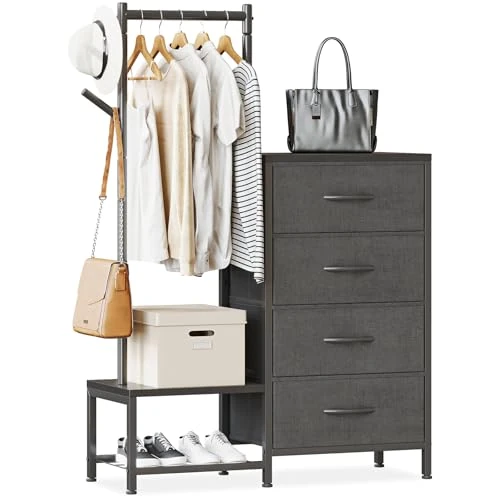 ODK 3-in-1 Chest of Drawers, 4 Drawer Cabinets with Sturdy Clothes Rack and 2 Coat Hooks, Double Layer Shoe Rack Bottom, 4 Fabric Drawers, Suitable for Bedroom and Hallway, Black