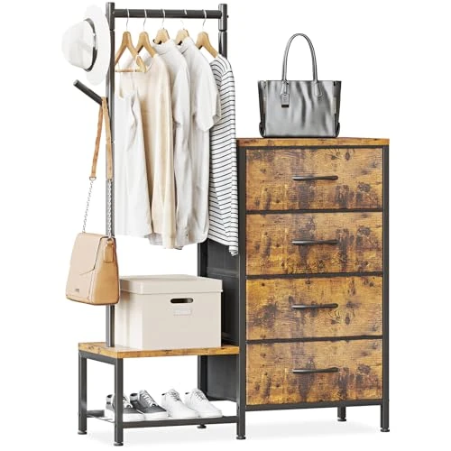 ODK 3-in-1 Chest of Drawers, 4 Drawer Cabinets with Clothes Rack and 2 Coat Hooks, Double Layer Shoe Rack Bottom, 4 Fabric DrawersSuitable for Bedroom and Hallway, Retro Colours