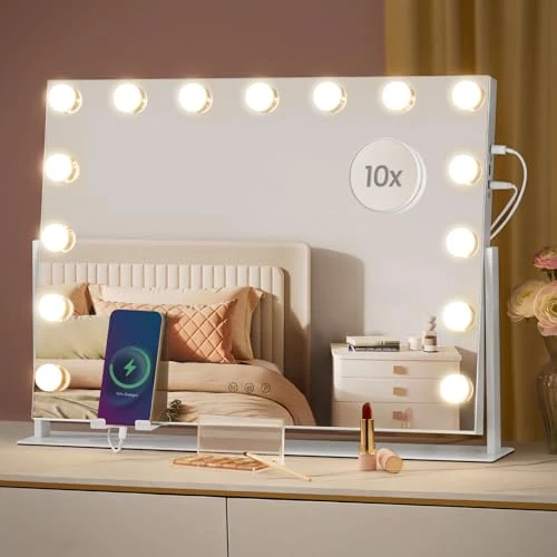 Limited offer: SONGMICS LWM001W02 Makeup Mirror with LED Lighting, Touch Control, 15 LED Bulbs with Charging Ports, 10X Magnifying Mirror, 3 Light Colours, Dimmable, Mobile Phone Holder, Matte White from 59.99 EUR to 49.99 EUR (save 17%)