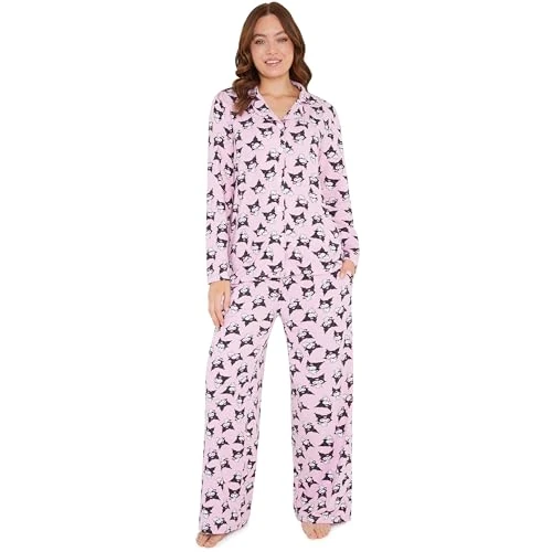 Hello Kitty Sanrio zestaw piżam dla nastolatków, kobiet, 2-częściowy top z długim rękawem, spodnie, miękka odzież domowa Kuromi, kawaii, prezenty dla kobiet, Różowy Kuromi, XXL