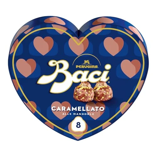 BACI PERUGINA Caramellato alle Mandorle Cioccolatini Fondenti ripieni al Gianduia, Scatola Cuore San Valentino 100g