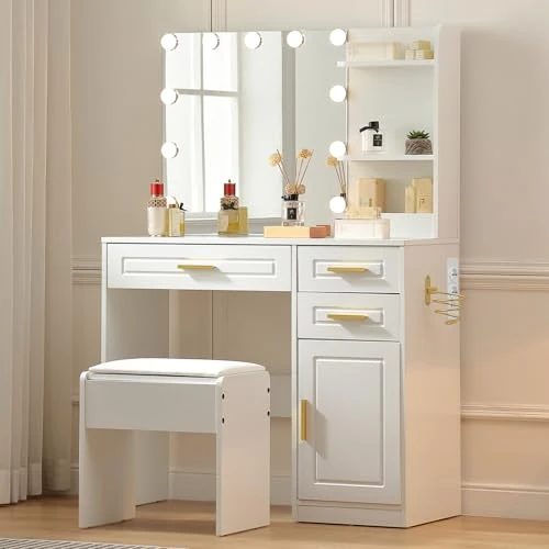Offre limitée : FOREST GRAVITY Makeup Vanity Desk Coiffeuse Bureau avec Miroir et lumières,3 tiroirs,Coiffeuse,Prise de Courant,Chaise,3 Modes réglables de luminosité des Couleurs,pour la Chambre à Coucher de 165.00 € à 165.00 € (0.00% de remise)
