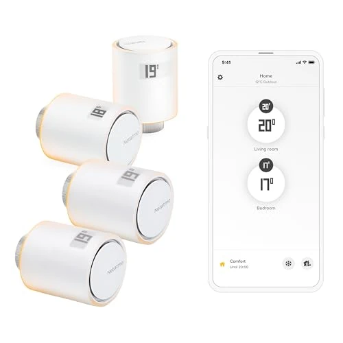 Netatmo Paquete de 4 Cabezales Termostáticos Inteligentes - Accesorio para Termostato Conectado, Control a Distancia, Ahorro de Energía, Compatible con Alexa & HomeKit