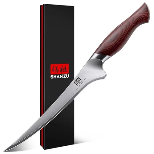 Limited offer: SHAN ZU Fillet Knife 7 inch, Razor Sharp Boning Knife for Meat in 10Cr15Mov Japanese High Carbon Steel Fish knife, Professional Kitchen with Flexible Blade and Ergonomic Pakkawood Handle from 49.99 EUR to 28.89 EUR (save 42%)