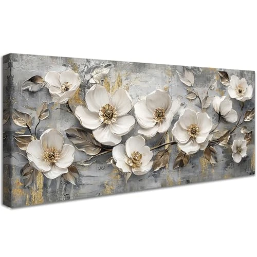 Limited offer: HALFLEMART Wooden Framed Large Canvas Wall Art White Flowers Floral Abstract Luxury Grey Gold Painting on Canvas Prints Poster Pictures for Living Room Bedroom Hallway Restaurant Wall Decor 50x120cm from 59.99 EUR to 36.47 EUR (save 39%)