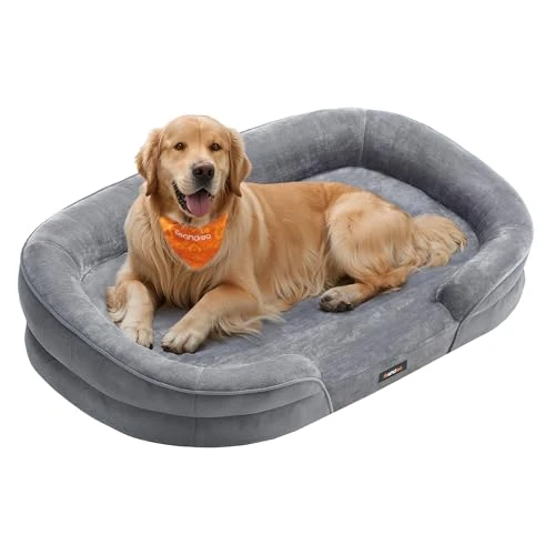 Feandrea Hondenbed, Hondenkussen, voor Grote Honden, 106 x 76 x 18 cm, Orthopedisch, Waterdichte Binnenlaag, Opstaande Randen, Afneembare, Wasbare Hoes, Antislip, Lichtgrijs PGW283G01