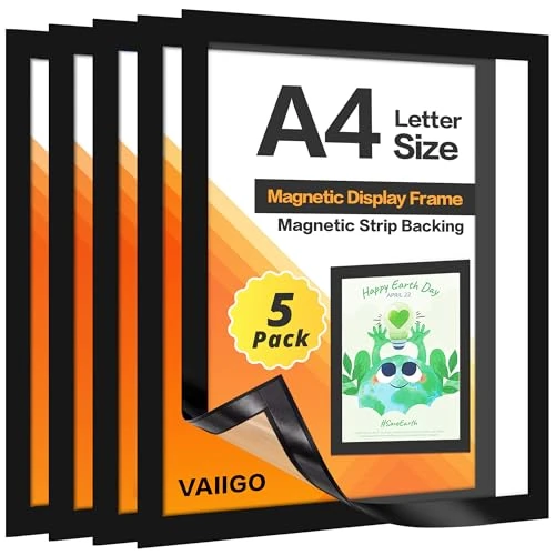 VAIIGO A4 Self Adhesive Magnetic Display Frame, Magnetic Paper Holder for License, Photos, Documents (5Pack, Black)
