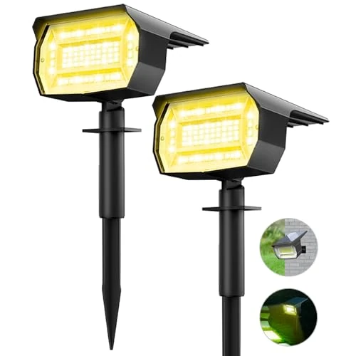 Offerta a tempo: LOTMOS 2 Pezzi Faretti Energia Solare da Esterno, 72 LED Lampioni Solari da Giardino 3 Livelli di Luminosità, Lampioncini Solari da Impermeabili per Piscina, Vialetto, Patio, Alberi, Bianco Caldo - 5% da 19.99 € a 18.94 €