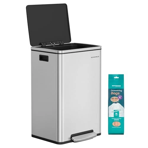 SONGMICS Pattumiera da Cucina 50 L, con 15 Sacchi per Spazzatura, Acciaio Inox, Secchio in Plastica Rimovibile, Cestino a Pedale con Coperchio Maniglie Chiusura Morbida, Colore Argento LTB595E01
