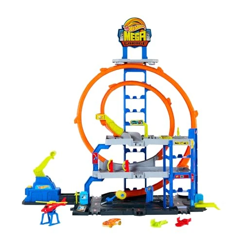 Hot Wheels Spielzeugauto Trackset, mit Die-Cast-Auto und Hubschrauber, 3 Spielebenen, 2 Loopings, Platz für 37 Fahrzeuge im Maßstab 1:64, schnelle Steckadapter, JLC05