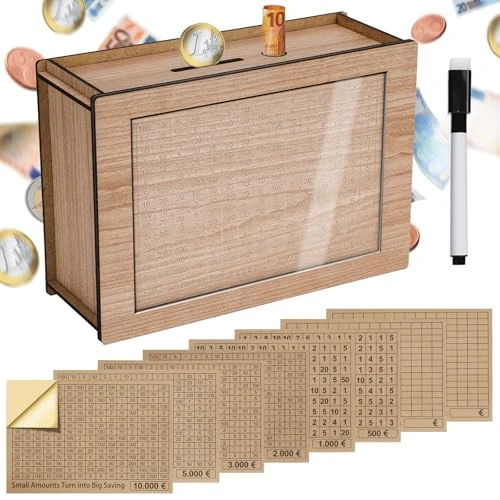 Oferta limitowana: Alyvisun Drewniana Skarbonka z Naklejkami, Gotówkowa Świnka Skarbonka Wielokrotnego Użytku Skrzynka Oszczędnościowa z Licznikiem Wyzwanie Oszczędnościowe, Skarbonka na Monety dla Dzieci i Dorosłych z 44.03 zł na 44.03 zł (oszczędź 0.00%
