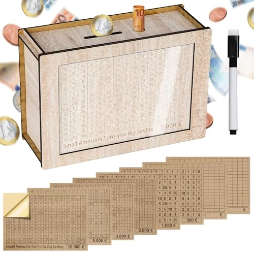 Alyvisun Wooden Stickers, Piggy 5000 Pound, Reusable Box with Counter Money Challenge Saving Bank Coin Cash Jar for Kids Adults 500-10000 DIY Target, Ash Wood, One Size