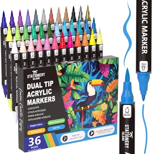 STATIONERY ISLAND Double Tip Acrylic Markers - 36 Colours Acrylic Markers for Painting Stones, Halloween Crafts, Halloween Pumpkin, Fabrics, Metal, Glass, Wood, Canvas, Ceramic, Plastic