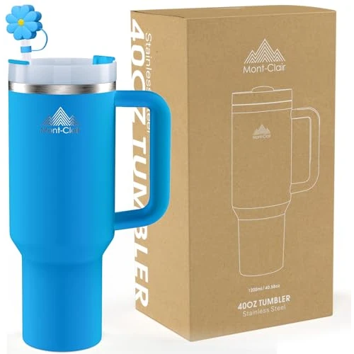 Tumbler 40oz - Trinkflasche mit Strohhalm 1.2L - Thermobecher mit Strohhalm Kühlt 10 Stunden - 48 Stunden Eisgekühlt - Trinkbecher mit Deckel und Strohhalm BPA Frei - Kaffeebecher To Go - Blau