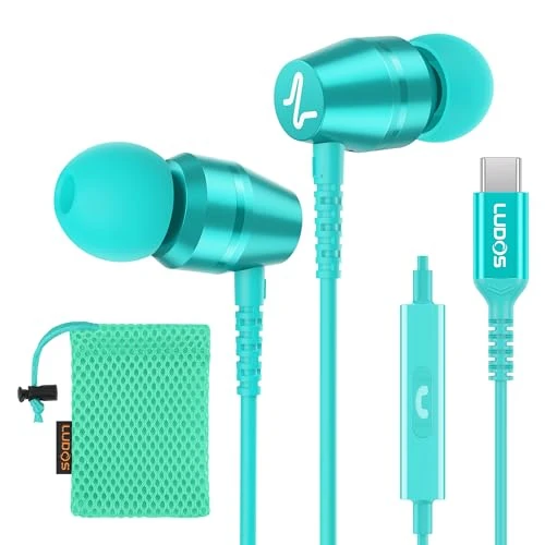 Offerta a tempo: LUDOS OMNITONE Cuffie USB C, Garanzia 5 Anni, Auricolari USB C In-Ear per iPhone 16 15 Pro Max Plus iPad, Cuffie Type C con Microfono per Samsung Galaxy S24 S23 Ultra S22 S21 FE S20 A53 A54 - Turchese - 47% da 17.99 € a 9.49 €