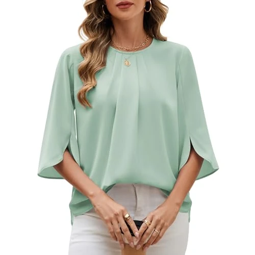 Offerta a tempo: Niwicee Camicia Donna Estiva Elegante Camicia Donna Manica a 3/4 Top Girocollo Manicotto Split Casual in Chiffon Bluse Top Donna Classiaca Tshirt (Verde, XL) - 43% da 20.99 € a 11.99 €