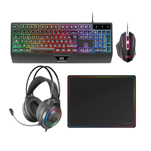 Mars Gaming MCP124PRO,Gamingowy Zestaw 4w1,RGB Klawiatura H-Mech Podpórkami Nadgarstki, RGB Mysz 3200DPI i Przełączniki HUANO, Słuchawki FRGB, Podkładka 36x26cm,Multiplatformowy, Portugalski,Czarny