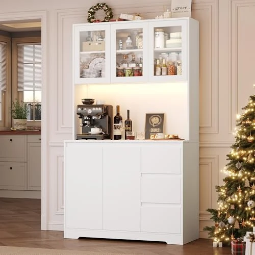 FirFurd Küchenschrank, hohe Anrichte für Küche mit LED-Leuchten und Steckdosen, Buffetschrank mit Schubladen und Schränken, verstellbare Einlegeböden, für Küche, Wohnzimmer, Studio, 180 x 100 x 38,5