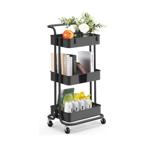 Avilia Carro de cocina ahorra espacio con 4 ruedas – 3 estantes de 40 x 30 x 8 cm, capacidad de 10 kg por estante, mango ergonómico, mueble multifuncional para cocina, baño y oficina – Negro 42 x 37 x