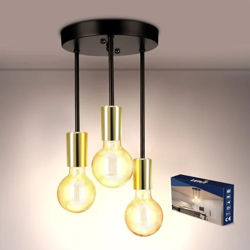 Letlit Ceiling Light with 3 Flames – Vintage Ceiling Light, Black + Gold, E27 Kitchen Hanging Lamp Chandelier, Retro Industrial Ceiling Spotlights for Dining Room, Kitchen, Bar Restaurant