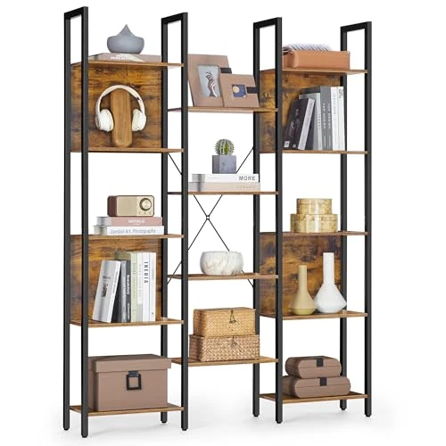 VASAGLE Bücherregal, Standregal mit 14 Ablagen, Regal mit Metallrahmen, für Wohnzimmer, Arbeitszimmer, Büro, Industrie-Design, 24 x 128 x 166 cm, vintagebraun-tintenschwarz LLS157K01