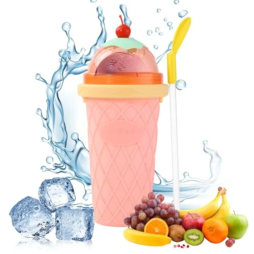Nuangoo Maker Becher, Silikon Squeeze Becher, Wiederverwend barer Eisbecher mit 2-in-1-Strohhalm und Löffel, zum Kneten Pinch Cup DIY (Rosa)
