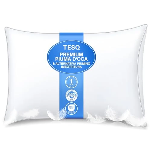TESQ Luksusowa poduszka z pierza 50 x 70 cm z potrójną warstwą komfortu, komfortowa poduszka premium Higieniczna poduszka puchowa, 100% miękkie wypełnienie, poduszka nadająca się do prania i przyjazna