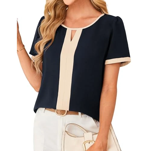GRACE KARIN Damen Elegant Bluse Sommer Rundhalsausschnitt Locker Kurzarm Oberteile M Dunkelblau