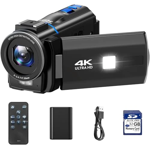 4K 48MP Video Camera Camcorder Vlogging Youtube Camera, Night Vision 3" Touch Screen 270° Rotatable 16X Digital Zoom Camcorder Video Cameras, Vlog Camera with 32GB Card, Remote Control, Battery