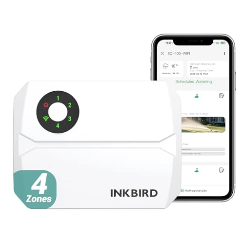 Inkbird IIC-400 Programador Riego Wifi 4 Zonas,Riego Automatico para Jardín,Temporizador de Riego Wifi,Memoria no Volátil Integrada,APP Control,Sensor de Lluvia Compatible,Ajuste Estacional