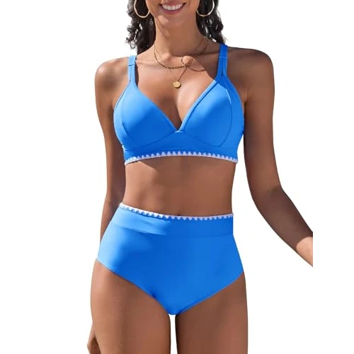 Zeitlich begrenztes Angebot: Vijamiy Bikini Damen Set V Ausschnitt Zweiteiliger Push Up Bikinis High Waist Bademode Sexy Swimwear mit Weißer Spitze(Blau,S) von 30.99 € auf 30.99 € (0.00% Rabatt)