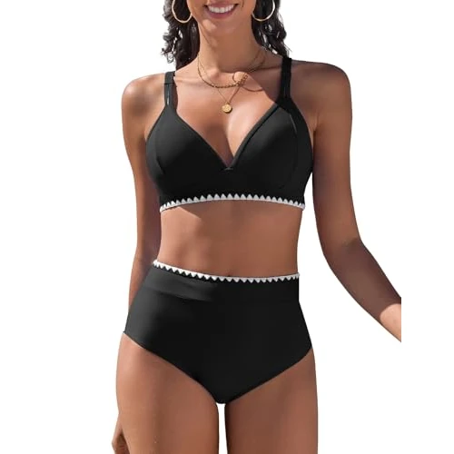 Offerta a tempo: Vijamiy Costume Donna Due Pezzi Vita Alta Costumi da Bagno Push Up Sexy Bikini Mare Imbottito Reggiseno con Pizzo Bianco(Nero,L) - 40% da 24.99 € a 14.99 €