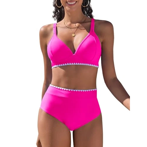 Offre limitée : Vijamiy Maillot de Bain Femme 2 Pieces Taille Haute Bikini Set Col V Ensemble Chic et Elegant avec Dentelle Blanche(Rose,S) de 24.99 € à 22.99 € (8% de remise)