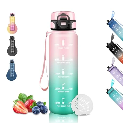 Sports Water Bottle 1 Litre with Hours for Drinking Without Losses for Adults Motivational Cycling Camping Hiking Yoga Pink Green