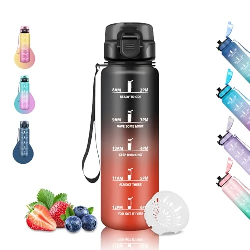 Offerta a tempo: Borraccia 1 Litro, Senza Perdite, Graduata, Orari per Bere, Facile da Pulire, per Sport, Escursionismo, Corsa, Trekking, Campeggio, Nero-Rosso - 29% da 12.99 € a 9.28 €