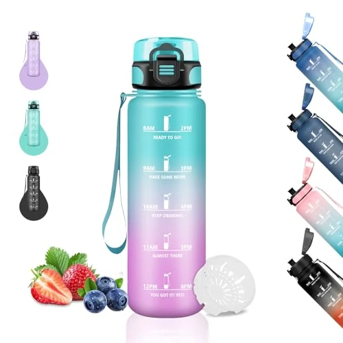 Trinkflasche, 500ml Kinderflasche mit Zeitmarkierung, Auslaufsicher, tragbar, für Schule, Reisen, Camping, Büro, Running, Grün-Rosa