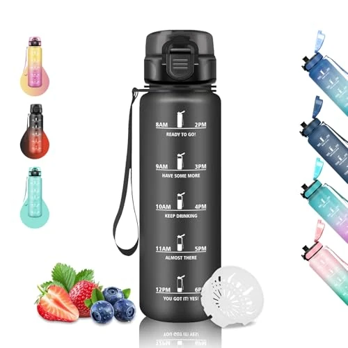 Grsta Trinkflasche 1l, Trinkflasche Sport, Trinkflasch Auslaufsicher, mit Filter, Trinkflasch mit Zeitmarkierung, Kann mit Dir Tragen, Fitnessstudio, für Running, Camping, Wandern, Schwarz