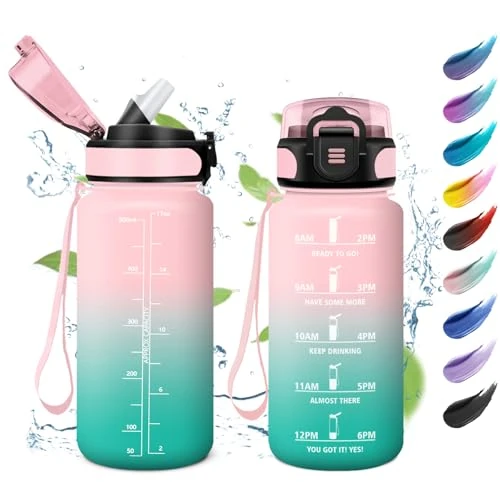Limitiertes Angebot: Trinkflasche Kinder Auslaufsicher 500ml, Wasserflasche Kohlensäure Geeignet, Sport Trinkflasche mit Zeitmarkierung, Trinkflasche mit Strohhalm, Perfekt für Kindergarten, Schule, Büro, Picknick von 8.92 EUR auf 7.40 EUR (Spare 17%)