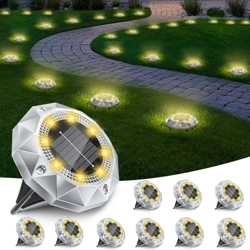 FIFlying Lot de 10 lampes solaires de sol, 8 LED, lampes solaires de jardin pour extérieur, lampes solaires étanches pour jardin, pelouse, patio, allée, éclairage extérieur, éclairage de jardin, blanc
