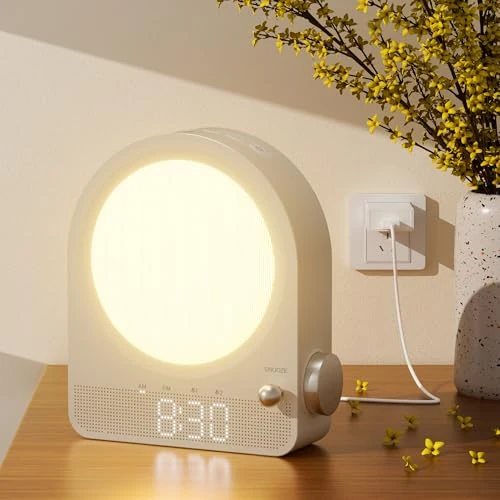 blonbar Luz despertador, Reloj despertador con luz, Lámpara de cabecera con Aurora Boreal, Luz de cabecera infinitamente regulable, 10 sonidos naturales, Ambientes para dormitorio salón