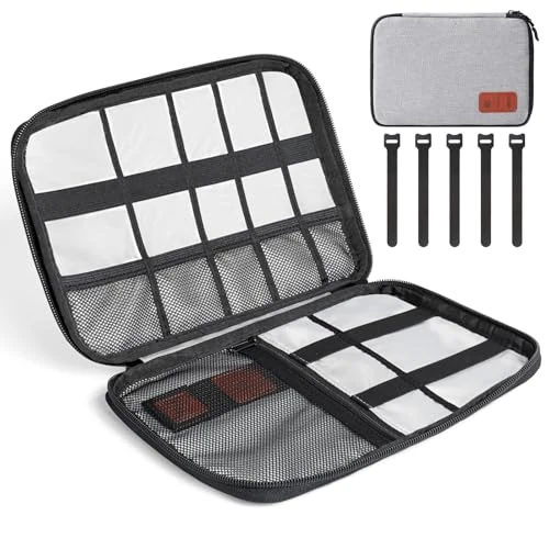 Cozary Organizzatore di Cavi, Custodia da Viaggio Portatile per Accessori Elettronici, Borsa da Viaggio Supporto Organizzatore di Cavi per Cavi USB, Schede SD, Caricabatterie, Disco Rigido, Grigio