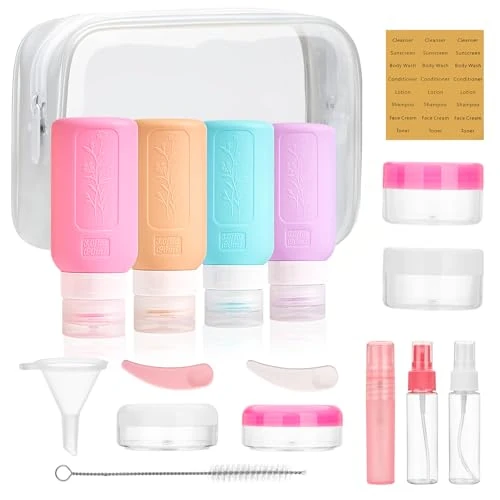 17 Stück Silikon-Reiseflaschen-Set, TSA-Genehmigte Reisegröße Behälter für Toilettenartikel für Shampoo Auslaufsichere Reise-Zubehör-Behälter mit Tag,Zubehör für Flugzeug,Nachfüllbar Wiederverwendba