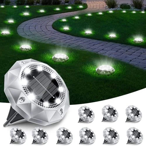 FIFlying Luces solares de suelo, 10 unidades, 8 LED, impermeables, para exteriores, luces solares para jardín, patio, rasa, exterior, camino, iluminación de jardín, iluminación de jardín, luz blanca